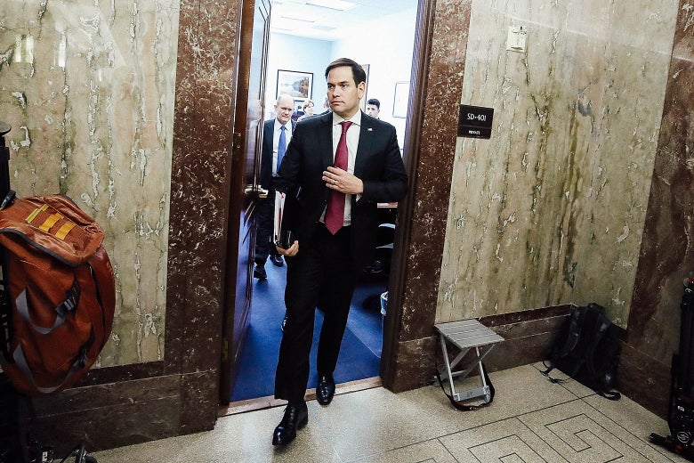 Florida Sen. Marco Rubio walks out of a meeting on immigration in Maine Sen. Susan Collins’ office on Jan. 25 in Washington.
